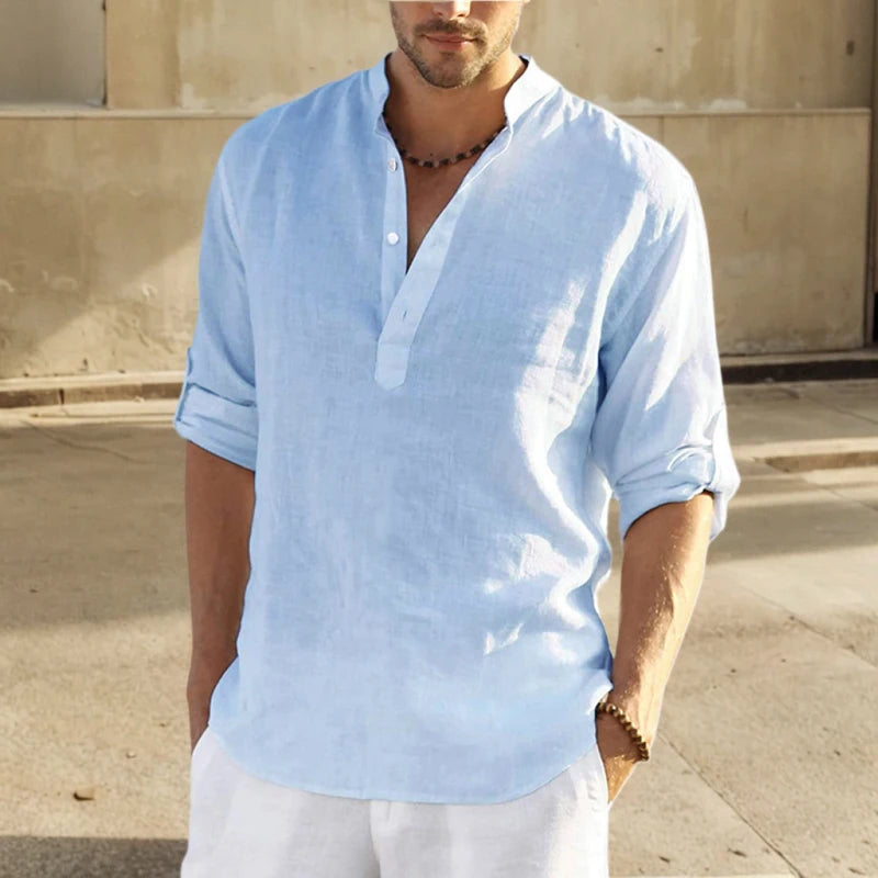 2024 Summer Men Cotton Shirts Loose Casual Blouse V-neck Solid Color