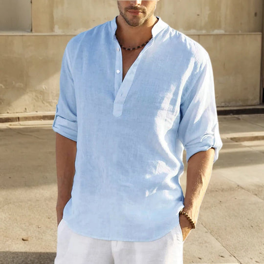 2024 Summer Men Cotton Shirts Loose Casual Blouse V-neck Solid Color
