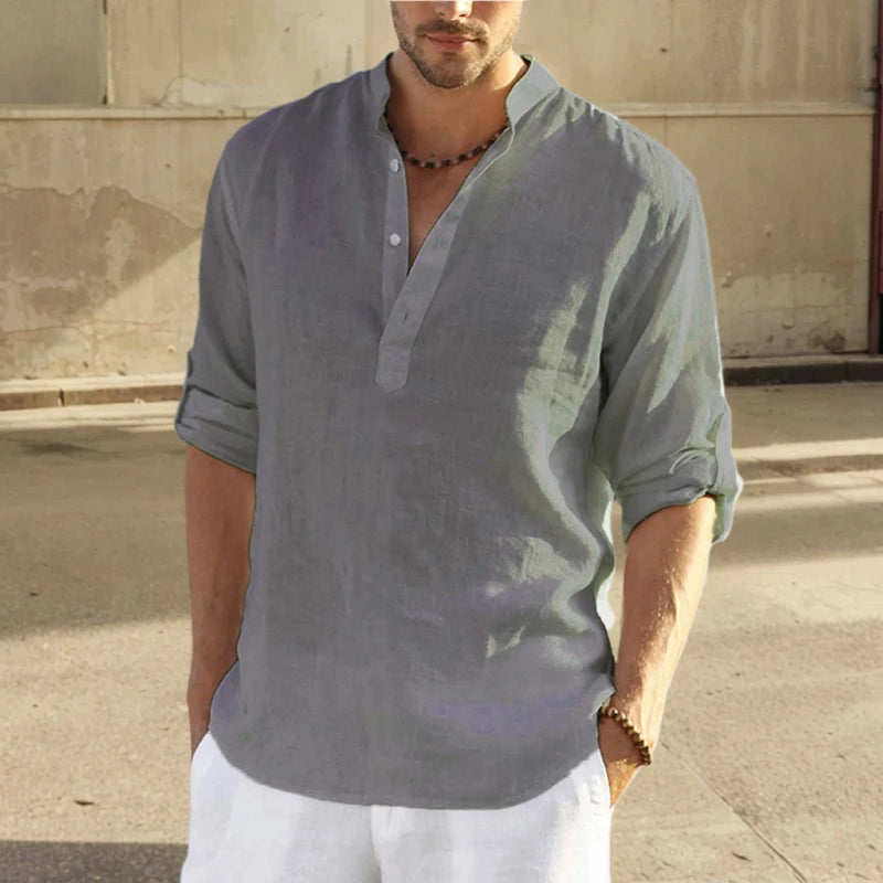 2024 Summer Men Cotton Shirts Loose Casual Blouse V-neck Solid Color