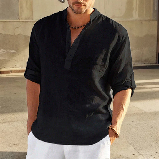 2024 Summer Men Cotton Shirts Loose Casual Blouse V-neck Solid Color