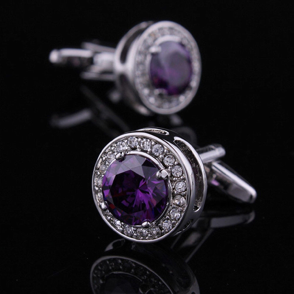 Purple Big Stone Mens Stainless Steel Round Cufflinks for Shirt with