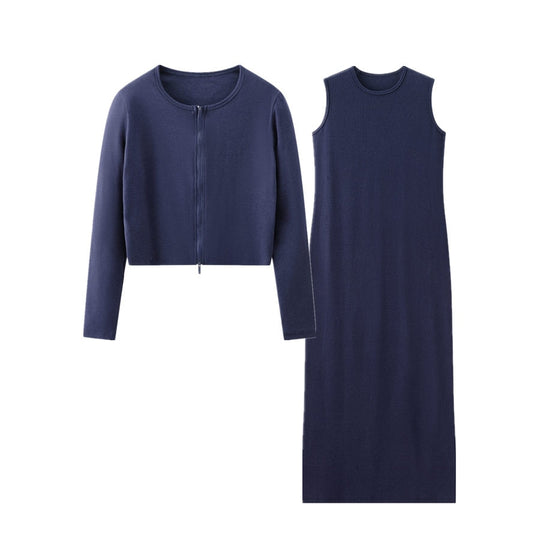 AS woman clothes zipper cardigan and Ankle Maxi Length long dress