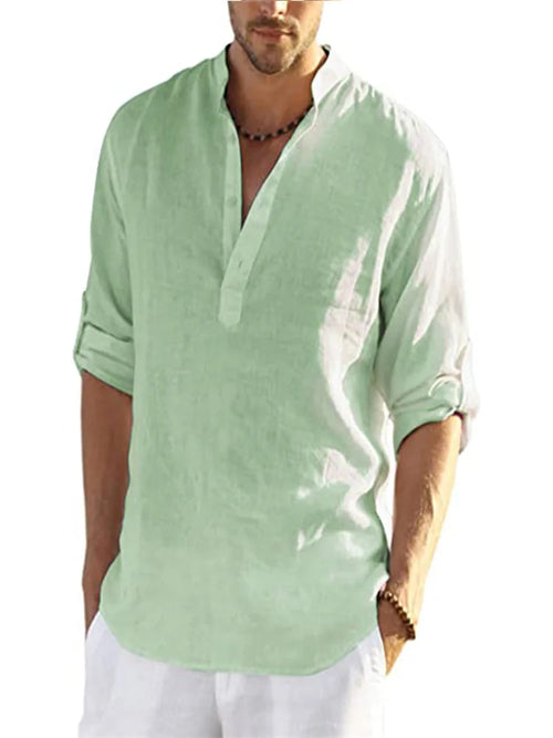 2024 Summer Men Cotton Shirts Loose Casual Blouse V-neck Solid Color
