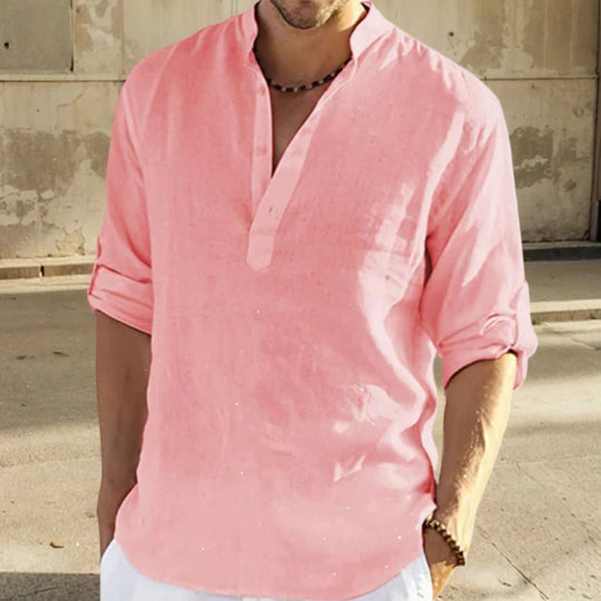 2024 Summer Men Cotton Shirts Loose Casual Blouse V-neck Solid Color
