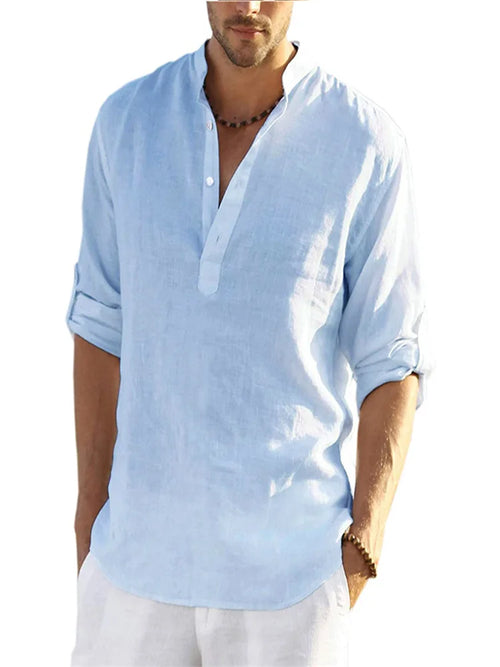 2024 Summer Men Cotton Shirts Loose Casual Blouse V-neck Solid Color