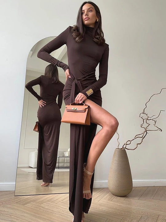 JULISSA MO Sexy High Slit Bandage Women Long Dress Black Turtleneck