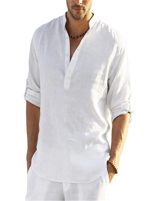 2024 Summer Men Cotton Shirts Loose Casual Blouse V-neck Solid Color