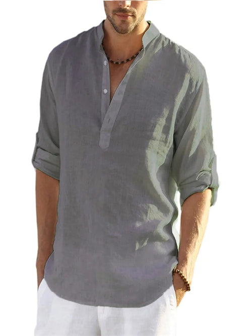 2024 Summer Men Cotton Shirts Loose Casual Blouse V-neck Solid Color