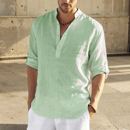 2024 Summer Men Cotton Shirts Loose Casual Blouse V-neck Solid Color