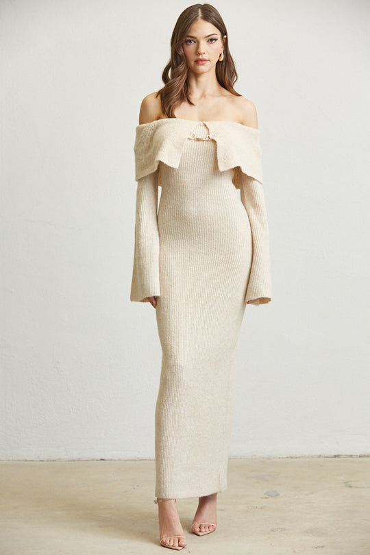 Off Shoulder Knit Maxi Dress - Fold & Flare By Rose Paulino