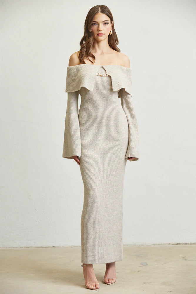 Off Shoulder Knit Maxi Dress - Fold & Flare By Rose Paulino