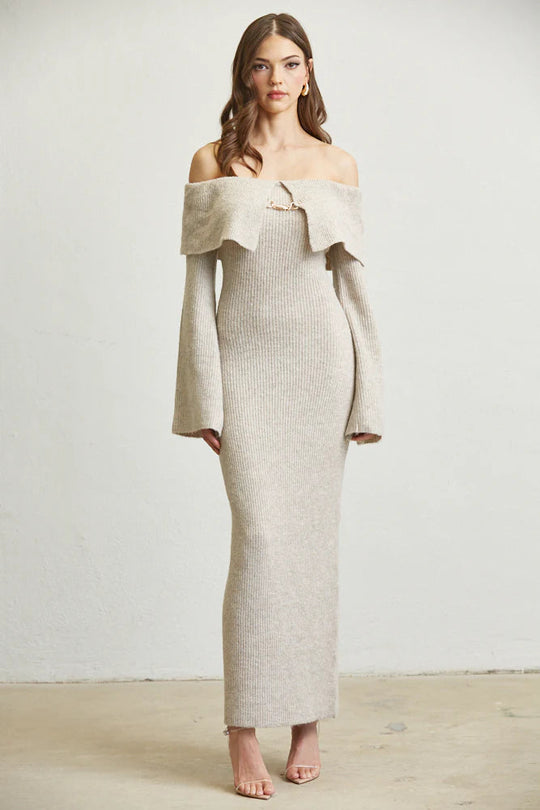 Off Shoulder Knit Maxi Dress - Fold & Flare By Rose Paulino