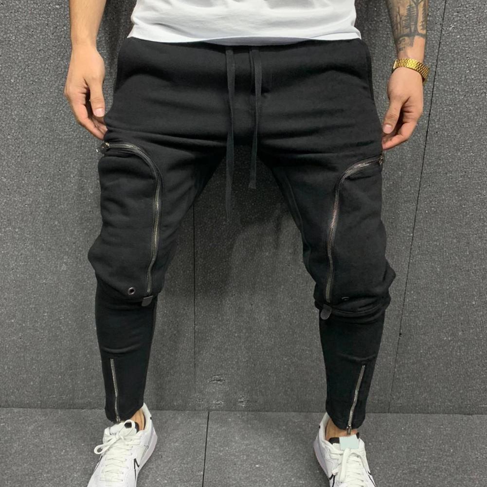 Cargo Pants Men Fashion Solid Color Drawstring Casual Multi Zippers