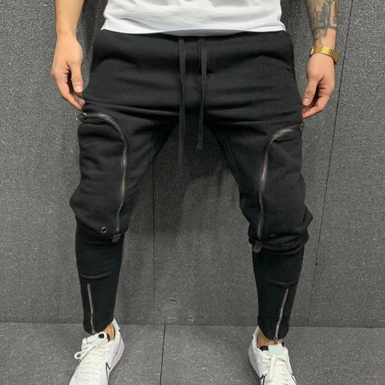 Cargo Pants Men Fashion Solid Color Drawstring Casual Multi Zippers
