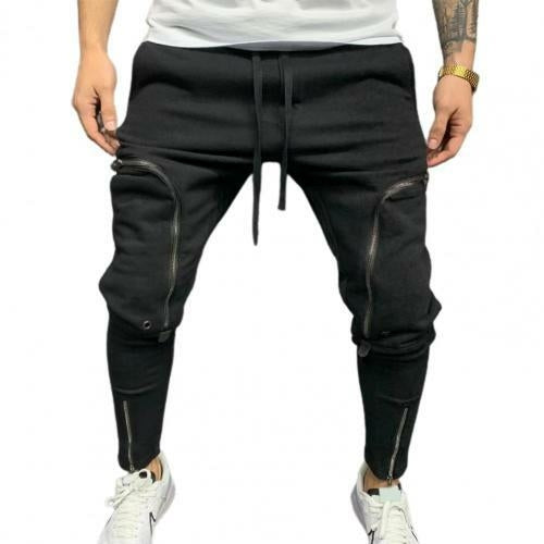Cargo Pants Men Fashion Solid Color Drawstring Casual Multi Zippers