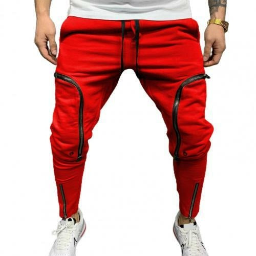 Cargo Pants Men Fashion Solid Color Drawstring Casual Multi Zippers