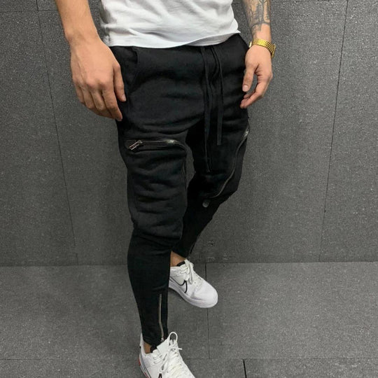 Cargo Pants Men Fashion Solid Color Drawstring Casual Multi Zippers
