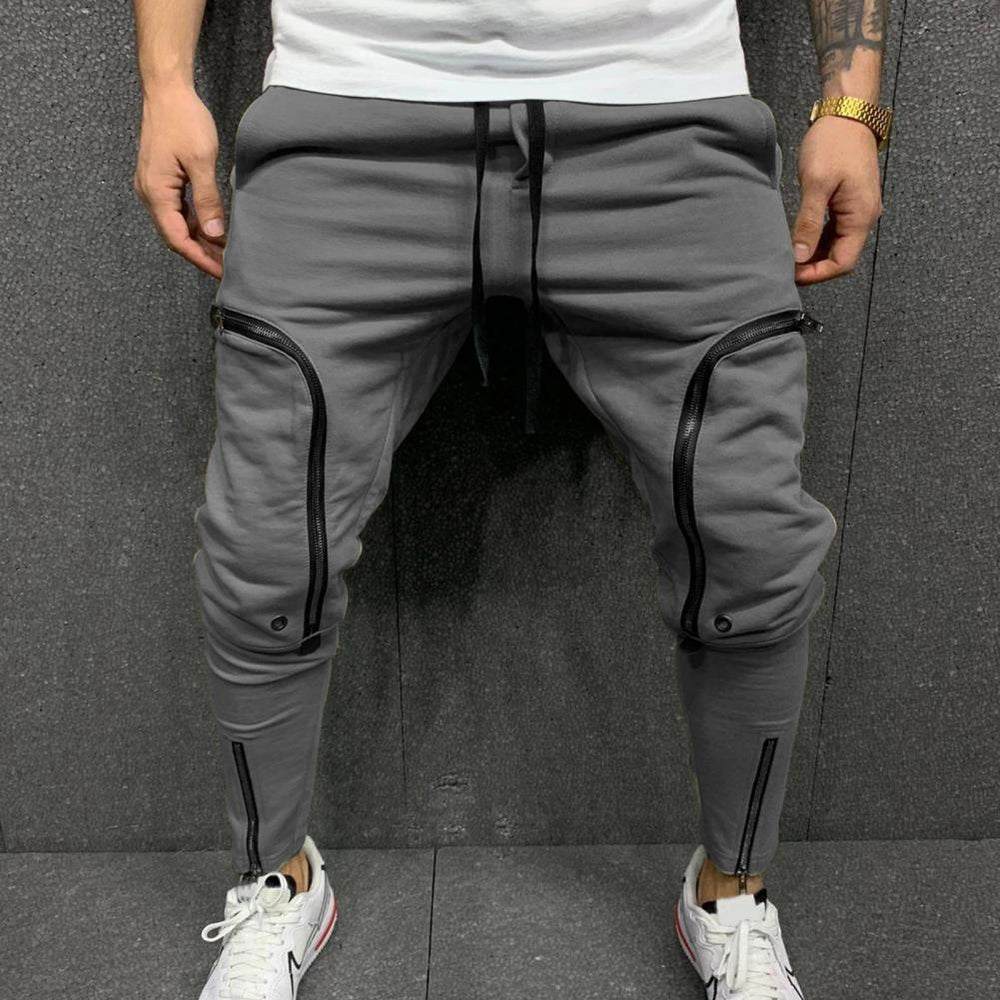 Cargo Pants Men Fashion Solid Color Drawstring Casual Multi Zippers