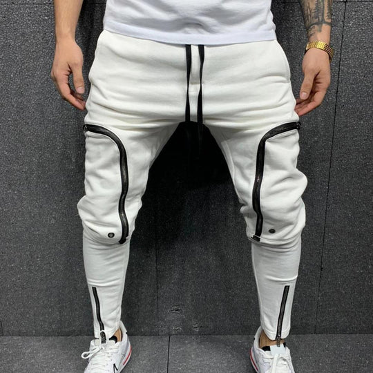 Cargo Pants Men Fashion Solid Color Drawstring Casual Multi Zippers