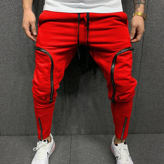 Cargo Pants Men Fashion Solid Color Drawstring Casual Multi Zippers