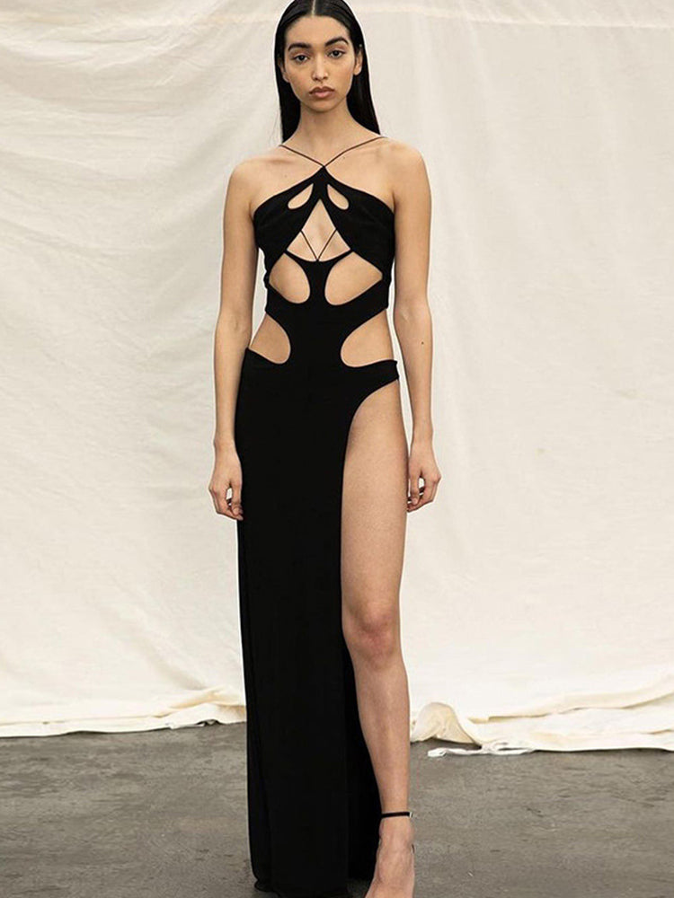 Cryptographic Fashion Black Halter Cut Out Hight Waist Split Long