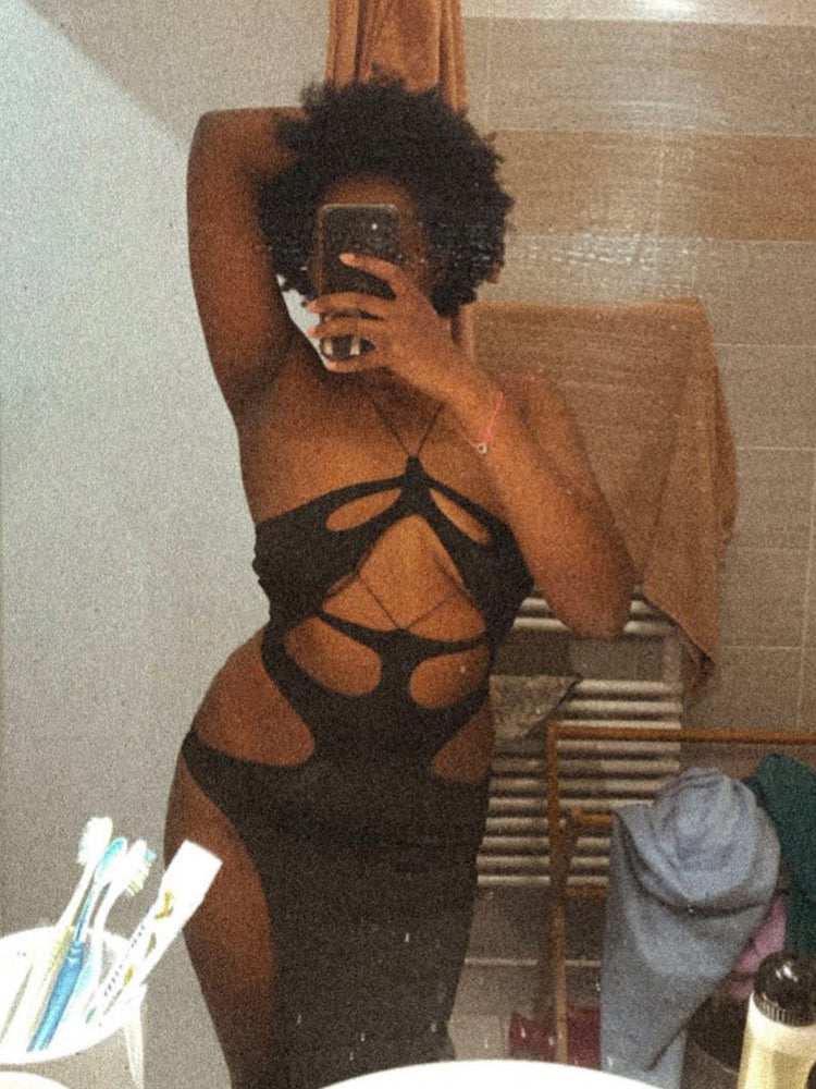 Cryptographic Fashion Black Halter Cut Out Hight Waist Split Long