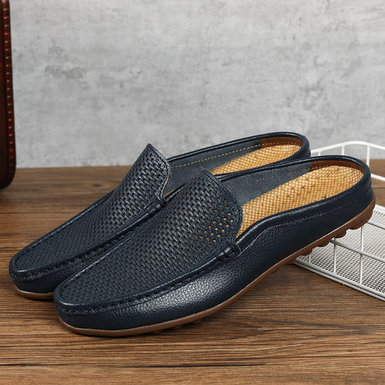 Italian Shoes Men Luxury Genuine Leather Loafers Moccasins Black Soft Outdoor Driving Flat Non-slip Fashion Slippers Summer