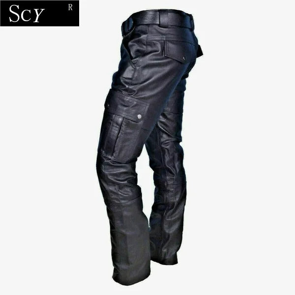 Men's Leather Motorcycle Pants with Cargo Pockets, Black, Leather