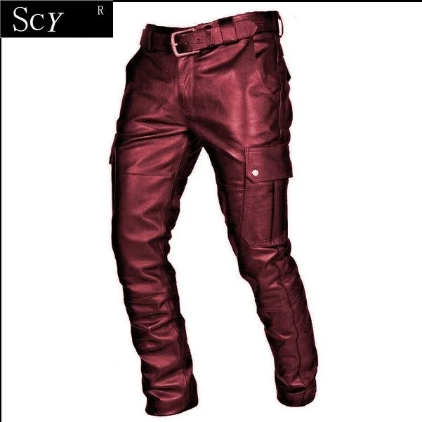 Men's Leather Motorcycle Pants with Cargo Pockets, Black, Leather