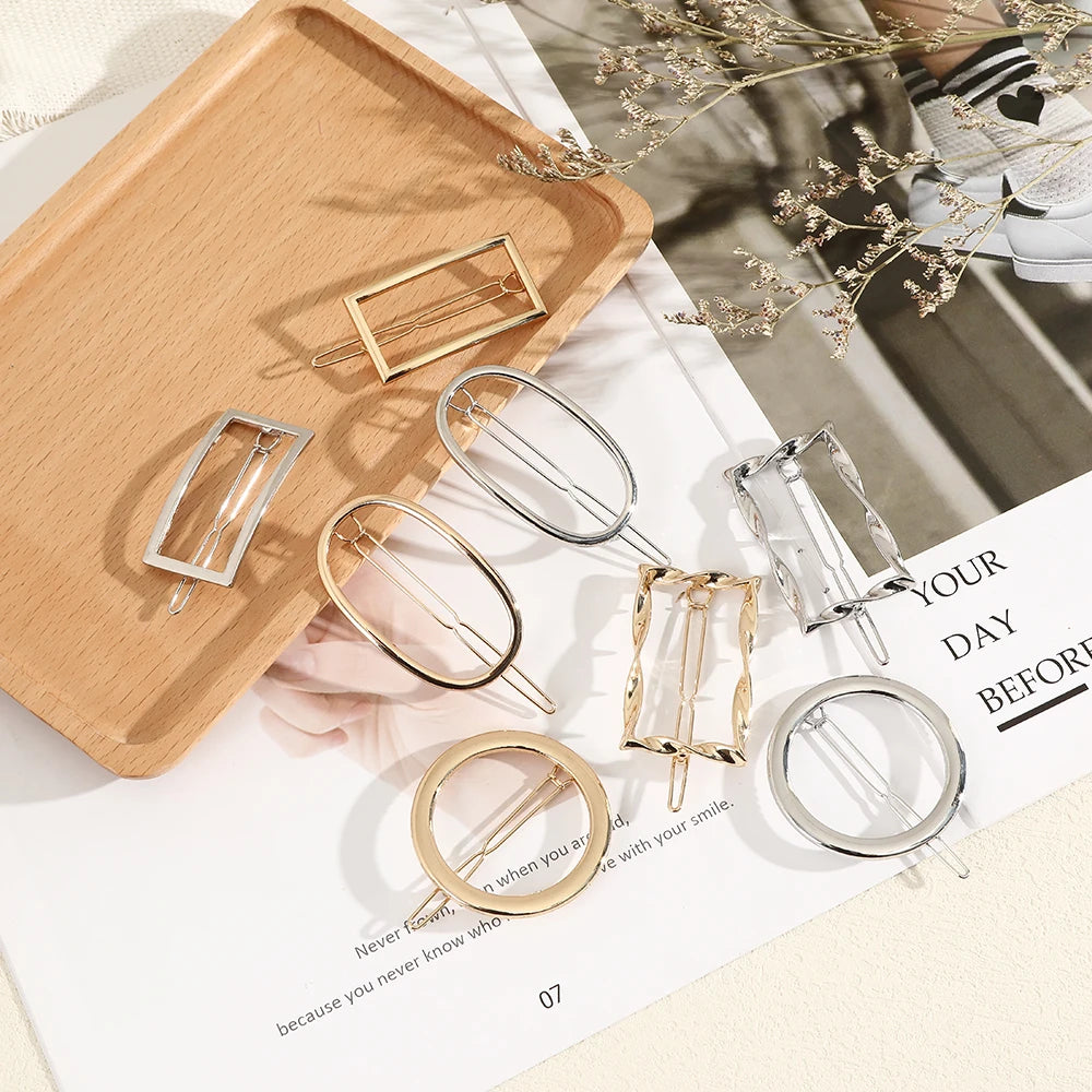 Women Girl Hair Clips Barrette Gold Silver Metal Circle Geometry Hair
