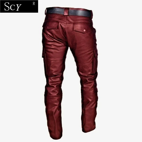 Men's Leather Motorcycle Pants with Cargo Pockets, Black, Leather