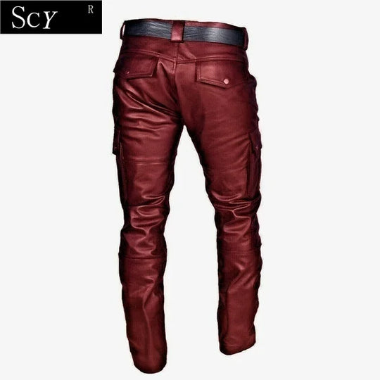 Men's Leather Motorcycle Pants with Cargo Pockets, Black, Leather