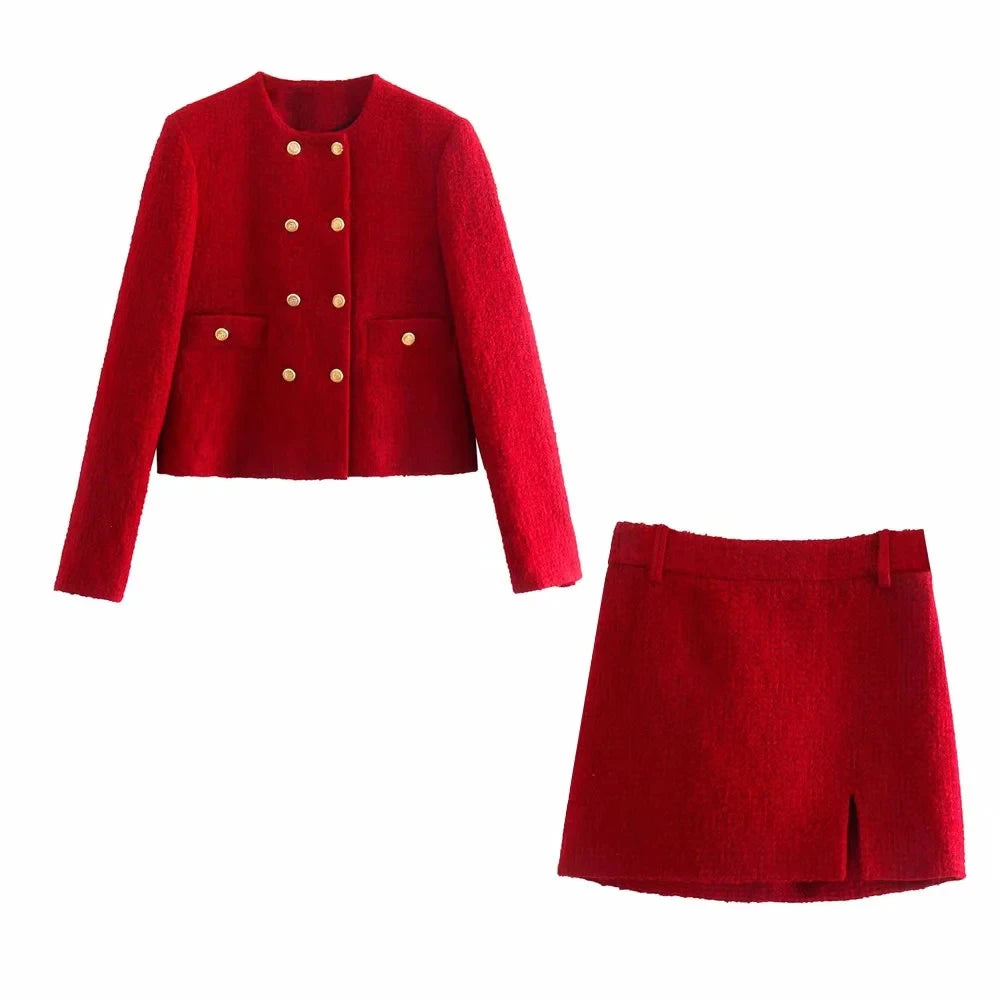 xikom 2021 Tweed Two pieces set Women red Vintage O Neck Long Sleeve