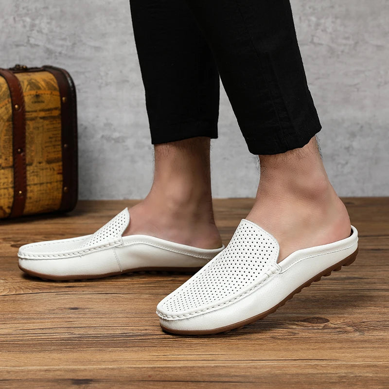 Italian Shoes Men Luxury Genuine Leather Loafers Moccasins Black Soft Outdoor Driving Flat Non-slip Fashion Slippers Summer