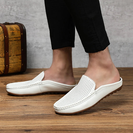 Italian Shoes Men Luxury Genuine Leather Loafers Moccasins Black Soft Outdoor Driving Flat Non-slip Fashion Slippers Summer
