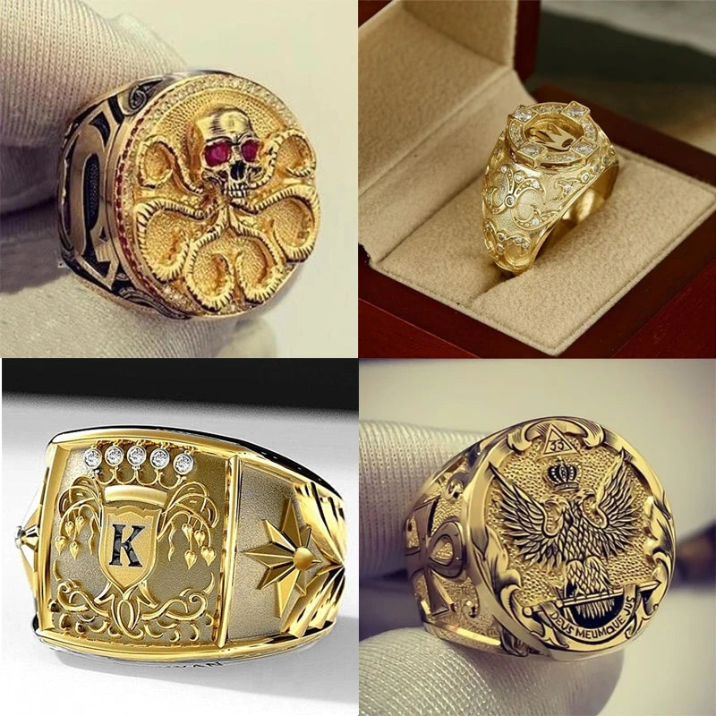 Popular Gold Color Letter K Men Ring Trophy Pattern Dazzling CZ Husband Wedding Party Ring Birthday Gift Fashion Jewelry