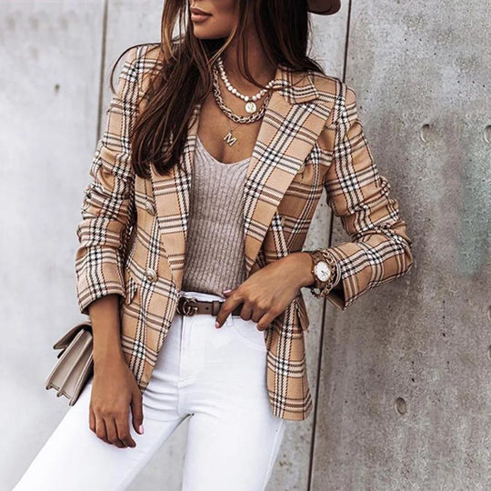 Plaid Blazer Jacket Women Spring Autumn Long Sleeve Casual Slim