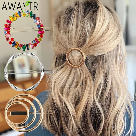 Women Girl Hair Clips Barrette Gold Silver Metal Circle Geometry Hair