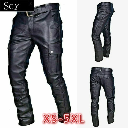 Men's Leather Motorcycle Pants with Cargo Pockets, Black, Leather