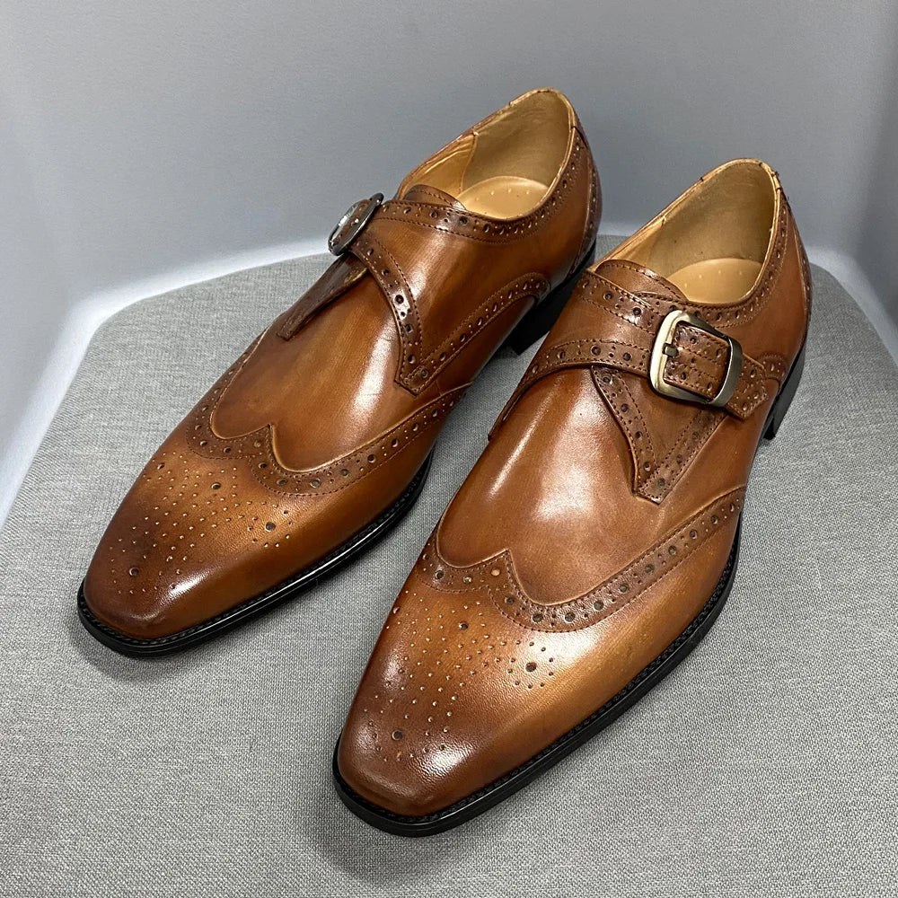 Men's Luxury Genuine Leather Wingtip Oxfords Italian Monk Strap Buckle Brogue Dress Shoes for Business Wedding Formal Wear