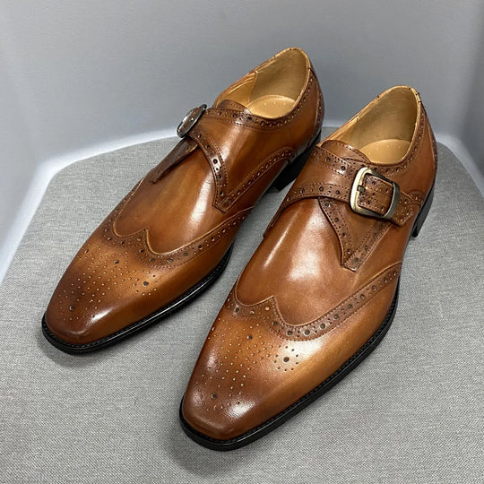 Men's Luxury Genuine Leather Wingtip Oxfords Italian Monk Strap Buckle Brogue Dress Shoes for Business Wedding Formal Wear