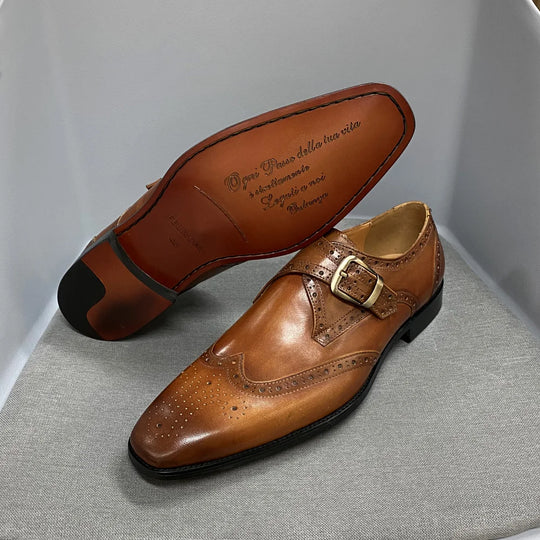 Men's Luxury Genuine Leather Wingtip Oxfords Italian Monk Strap Buckle Brogue Dress Shoes for Business Wedding Formal Wear
