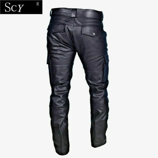 Men's Leather Motorcycle Pants with Cargo Pockets, Black, Leather