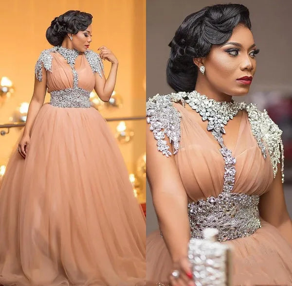 Luxury African Evening Dresses Customized Beaded Crystal Plus Size Gowns Tulle A Line Long Formal Prom 2020 Robe De Soiree