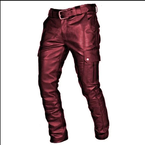 Men's Leather Motorcycle Pants with Cargo Pockets, Black, Leather