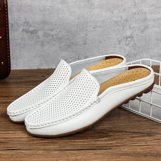 Italian Shoes Men Luxury Genuine Leather Loafers Moccasins Black Soft Outdoor Driving Flat Non-slip Fashion Slippers Summer