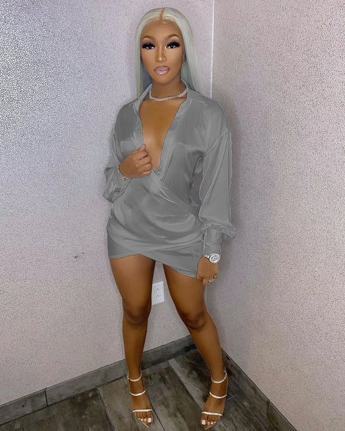 Solid Women Long Sleeve Deep V-neck Midi Mini Dress Sexy Blouses Style