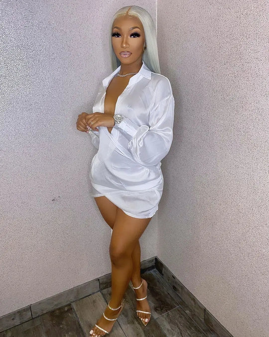 Solid Women Long Sleeve Deep V-neck Midi Mini Dress Sexy Blouses Style
