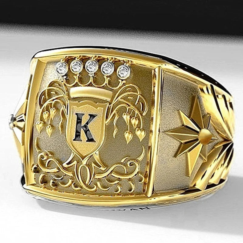 Popular Gold Color Letter K Men Ring Trophy Pattern Dazzling CZ Husband Wedding Party Ring Birthday Gift Fashion Jewelry