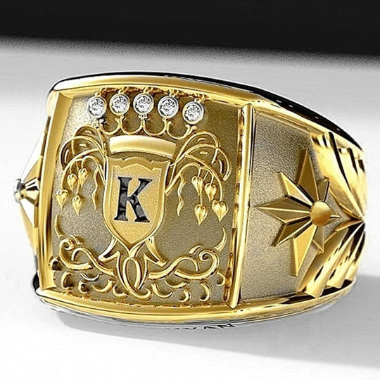 Popular Gold Color Letter K Men Ring Trophy Pattern Dazzling CZ Husband Wedding Party Ring Birthday Gift Fashion Jewelry
